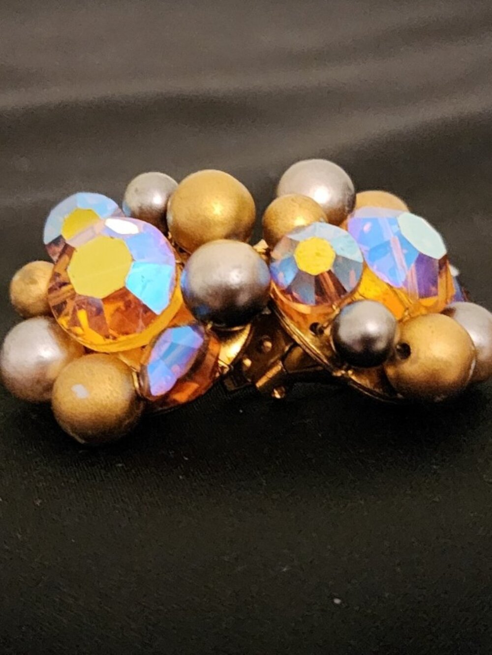 Vintage Amber Aurora Borealis Crystal & Faux Pearl Cluster Clip-On Earrings